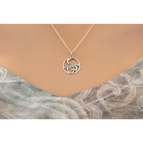 Sterling Silver Mushroom Charm with Bronze Moon Necklace - Picture 1 of 5